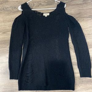 Open shoulder distressed long sweater